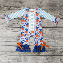 Load image into Gallery viewer, Baby girls blue stripe fruits ruffle rompers
