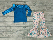 Load image into Gallery viewer, Baby Girls fall blue velvet tops bell pants clothing sets
