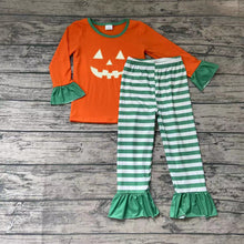 Load image into Gallery viewer, Halloween baby girls orange face ruffle pants pajamas sets
