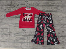 Load image into Gallery viewer, Baby girls Christmas holly tree black red bell pants clothes sets
