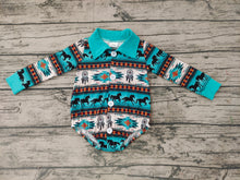Load image into Gallery viewer, Baby boys horse western green long sleeve rompers
