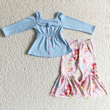 Load image into Gallery viewer, Baby girls fall princess blue top bow bell pants sets
