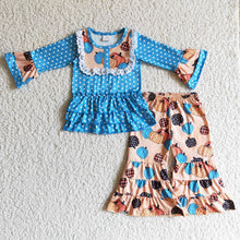Load image into Gallery viewer, Baby girls pumpkin blue dots bib ruffle pants sets
