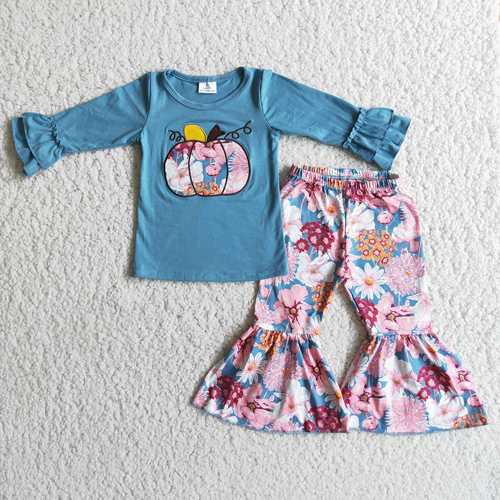 Pumpkin floral embroidery blue set