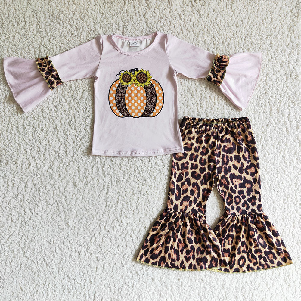 Baby girls pumpkin pink leopard ruffle pants clothing sets