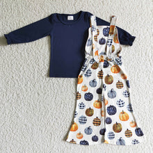 Load image into Gallery viewer, Baby girls navy top pumpkin overall fall clothes sets
