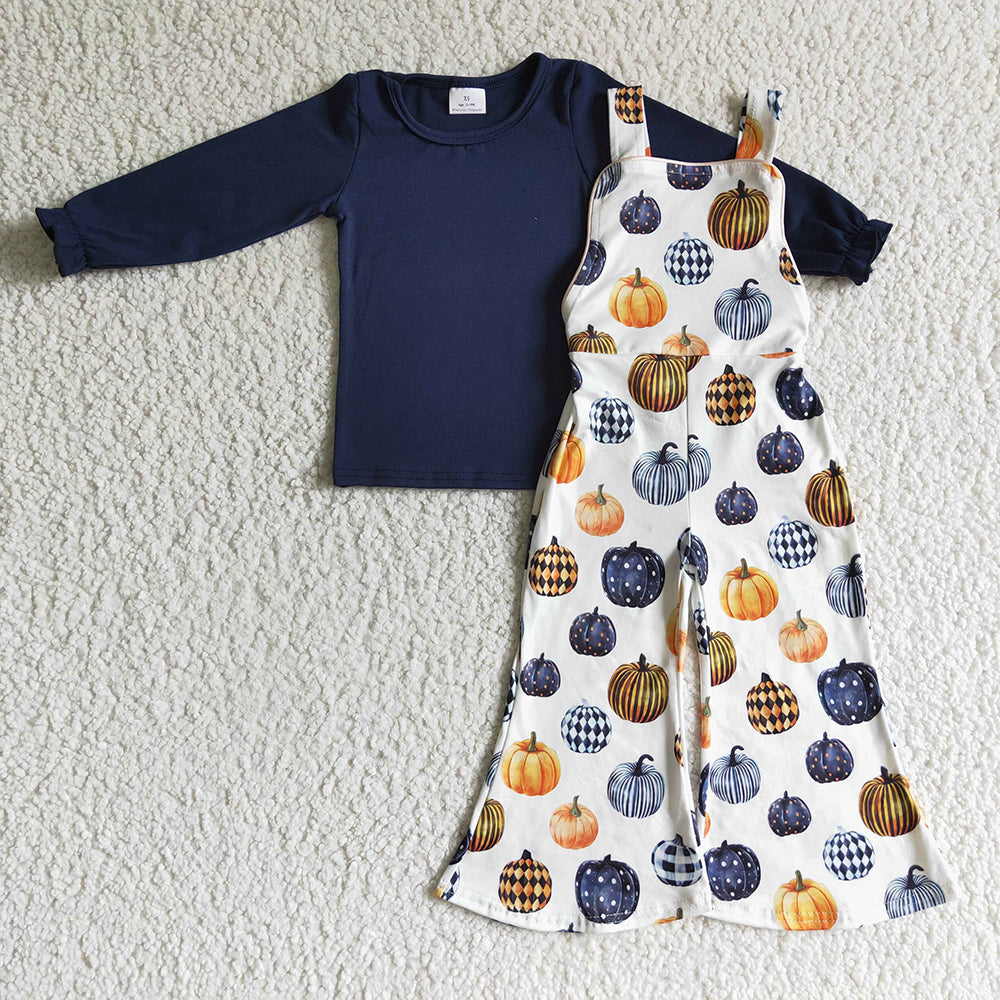 Baby girls navy top pumpkin overall fall clothes sets