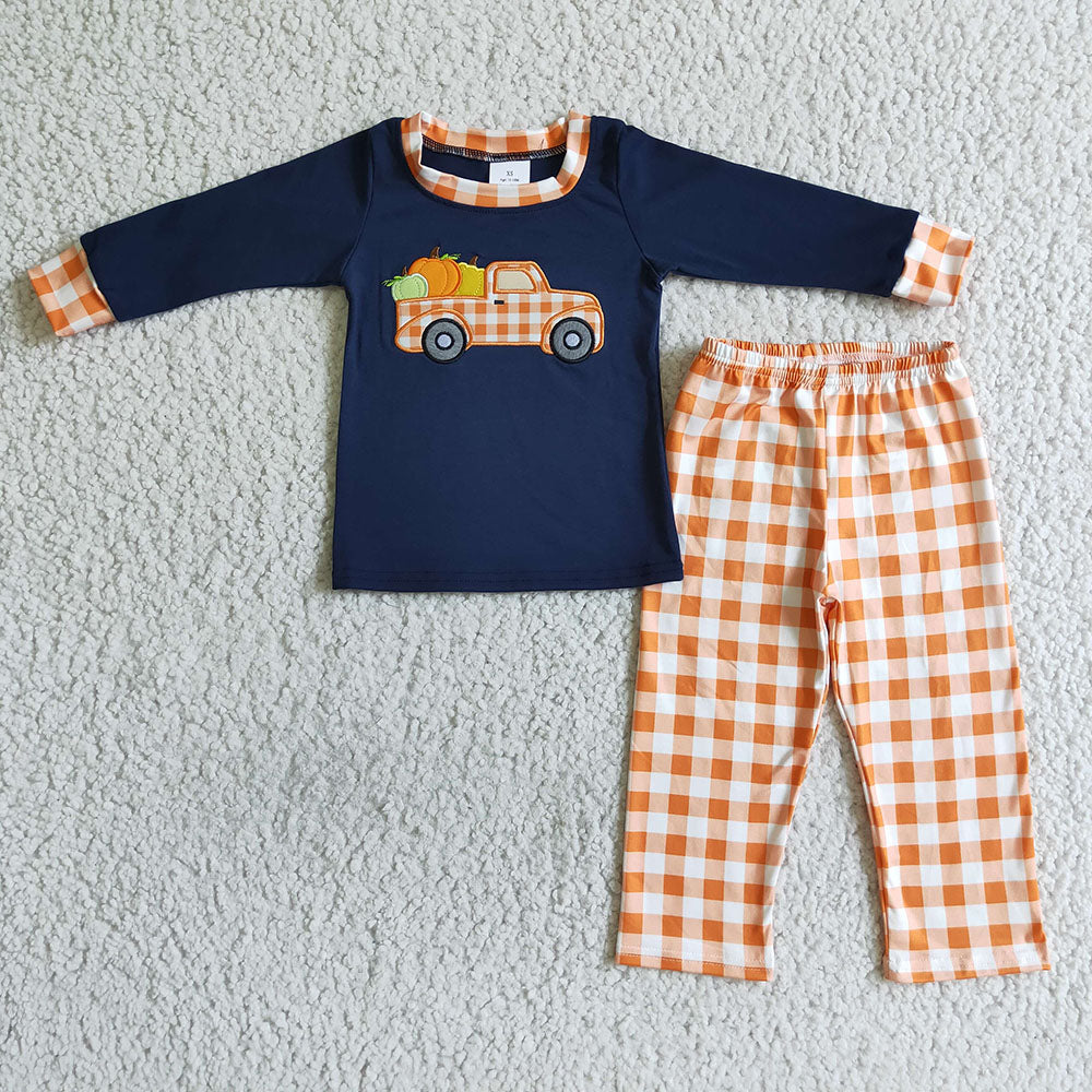 Baby boys pumpkin tractor plaid pants sets