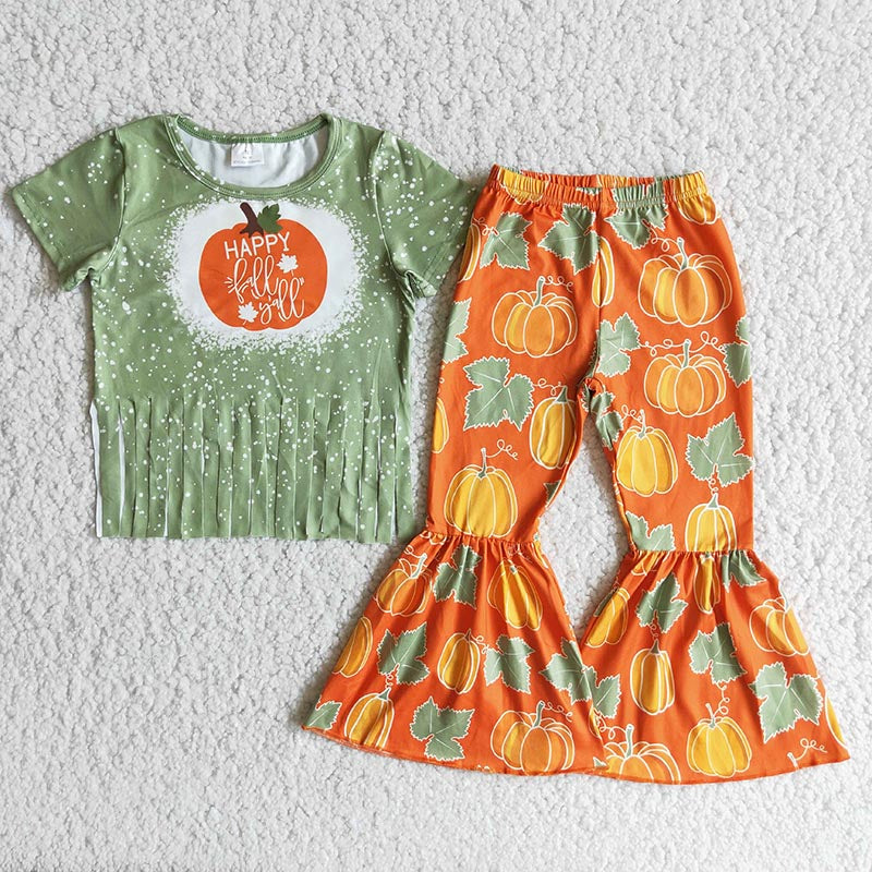 Orange green pumpkin bell bottom pants set