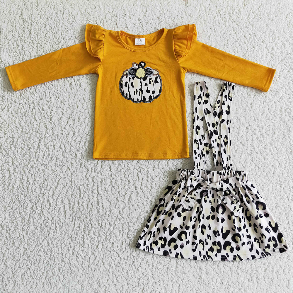 Baby girls fall pumpkin suspender skirts leopard sets