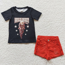 Load image into Gallery viewer, Baby Girls Black Wild West Shirts Denim Shorts clothes sets
