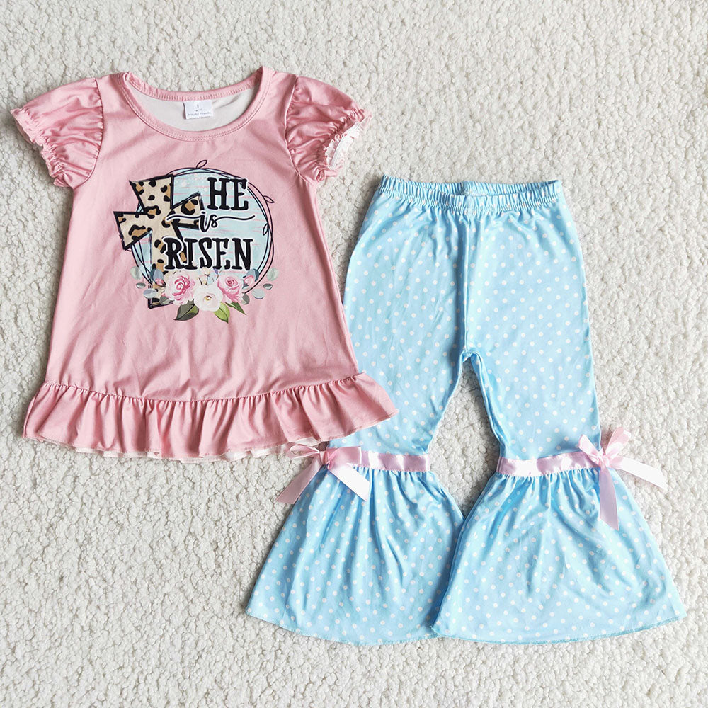 Baby girls pink Easter holiday he is risen bell pants clothing sets
