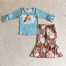 Load image into Gallery viewer, Baby girls blue santa Christmas western bell pants clothes sets
