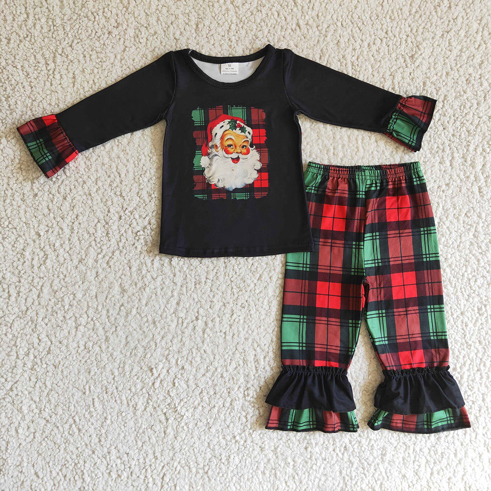 Baby girls black red santa Christmas ruffle pants clothes sets