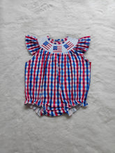Load image into Gallery viewer, Baby Girls 4th Of July American Flag Gingham Smocked Rompers
