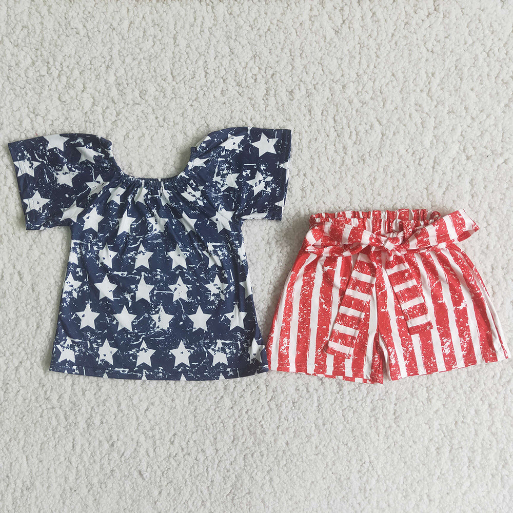 4th of July girls star top belt shorts sets