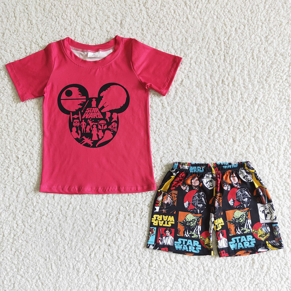 Baby boys cartoon red top summer shorts sets