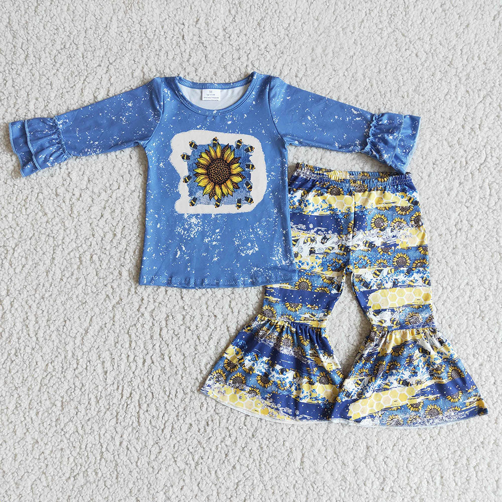 Spring Blue sunflower bleached top bell bottom pants sets