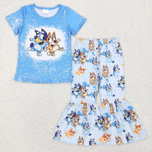 Load image into Gallery viewer, Baby Girls Blue Dog Short Sleeve Shirt Top Flare Pants Clothes Sets
