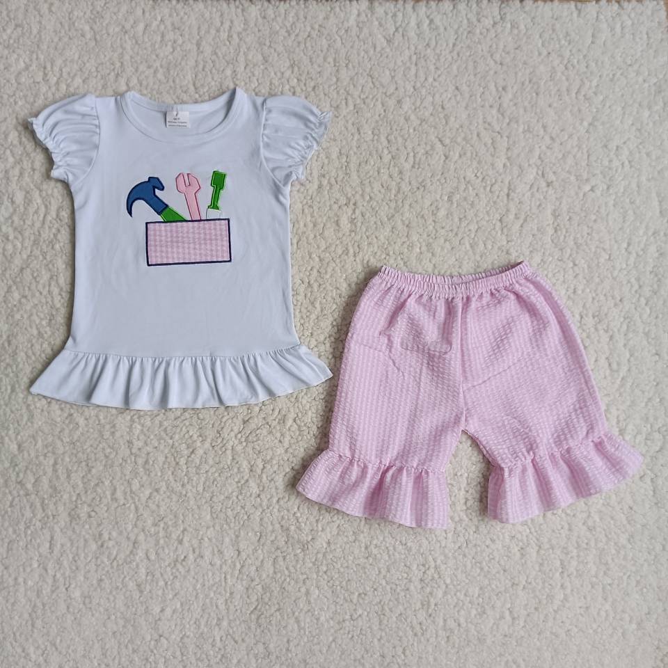Baby girls pink tool embroideredruffle shorts sets