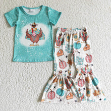Load image into Gallery viewer, baby girls thanksgiving blue turkey bell bottom pants sets
