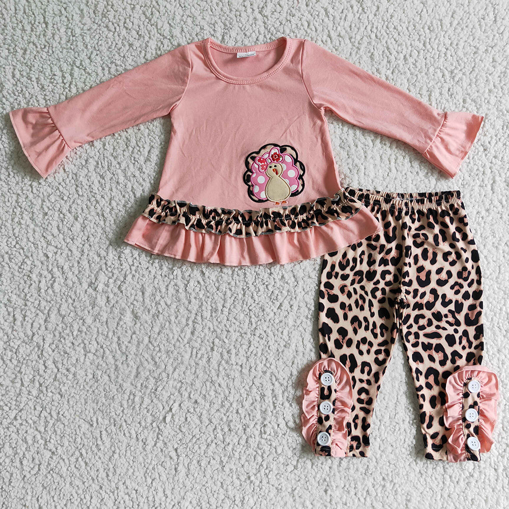 Baby girls Thanksgiving turkey pink leopard clothes sets