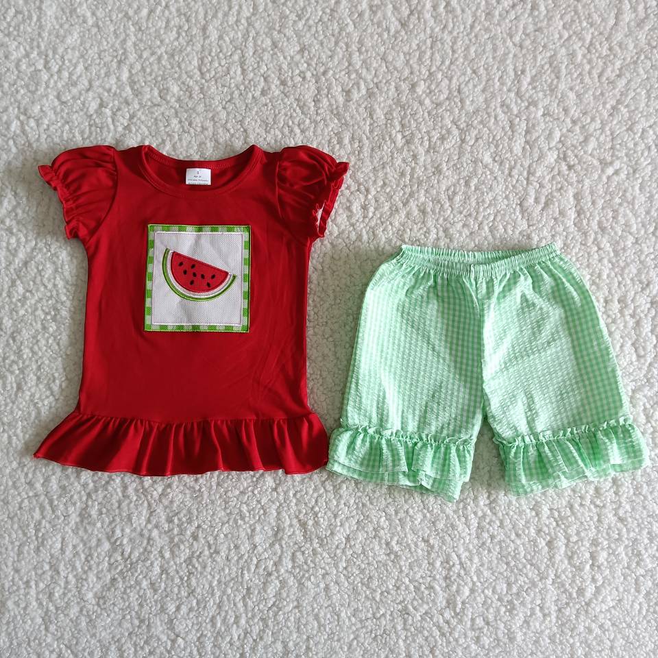 Baby girls red watermelon embroidered ruffle shorts summer sets