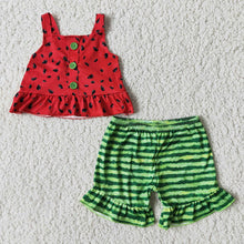 Load image into Gallery viewer, Baby girls summer watermelon seed strap ruffle shorts sets
