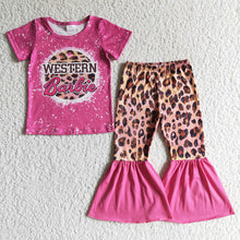 Load image into Gallery viewer, baby girls hot pink western leopard pants clothes sets
