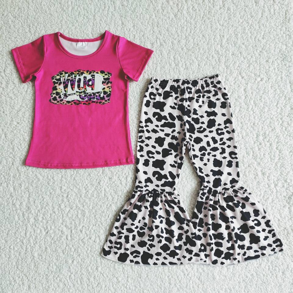 B7-30 Baby girls wild one cow print western bell pants clothing sets